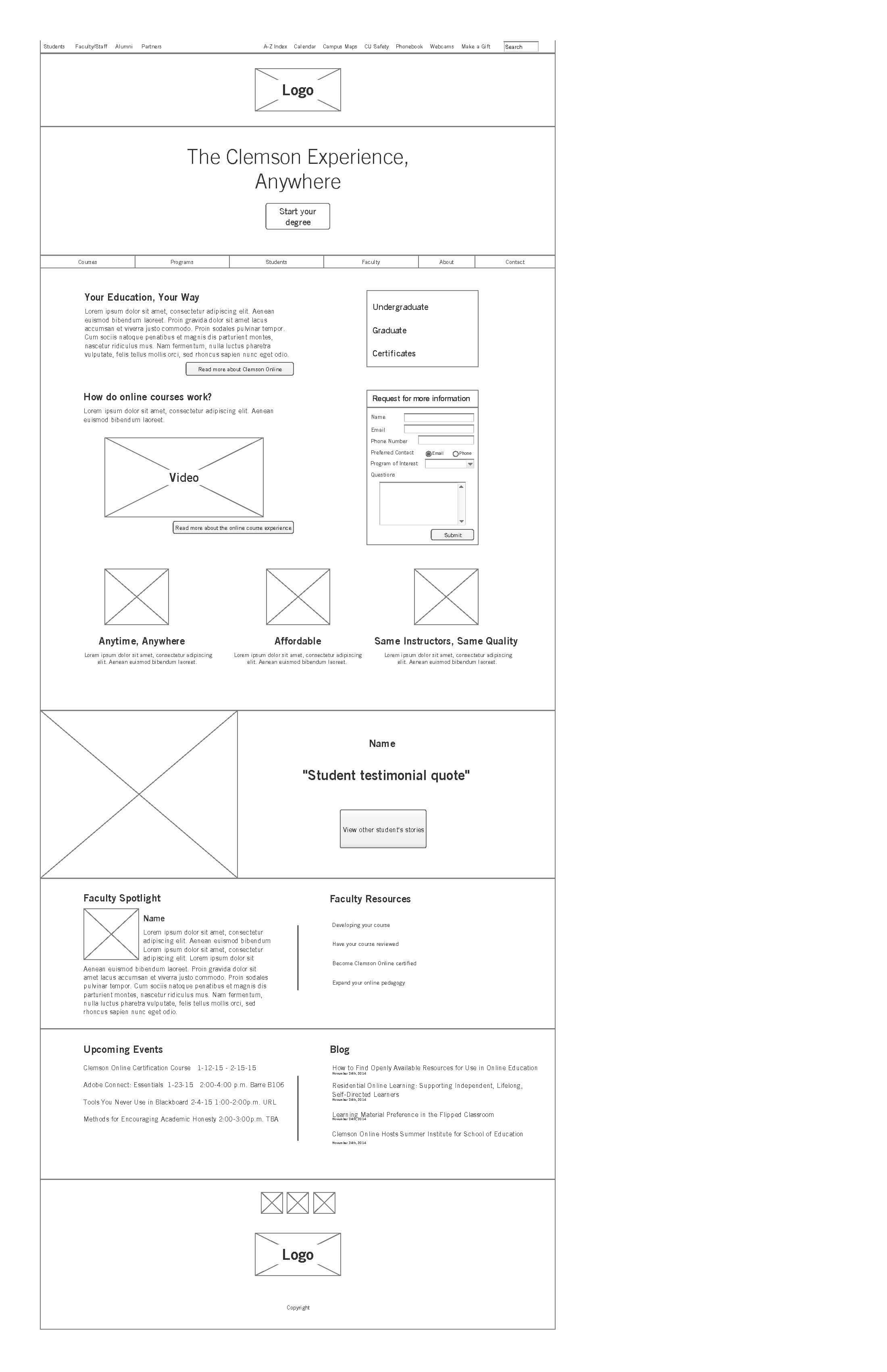 Wireframe of Clemson Online homepage