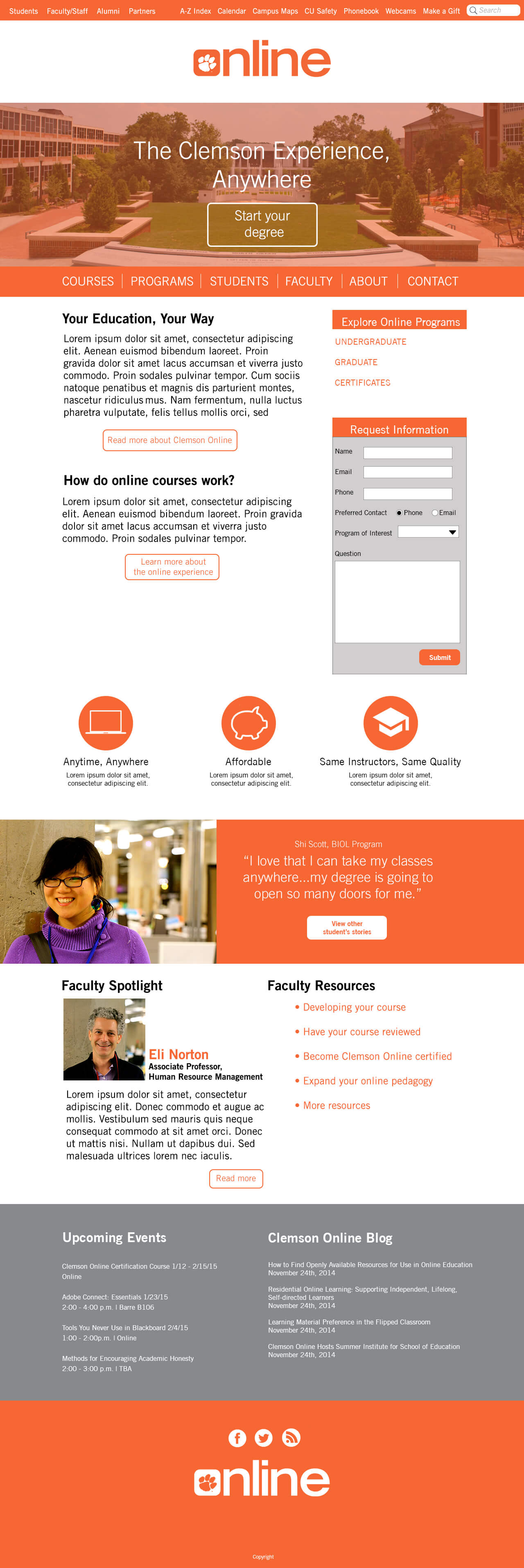 Full mockup of Clemson Online homepage